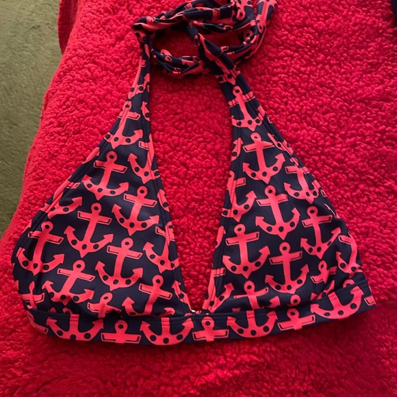 Vineyard Vines Triangle Plunge Swim Bikini Top Navy and Red Anchor Pattern Sz L - Picture 4 of 6